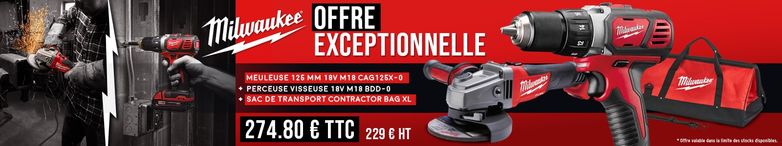 Promo Pack Meuleuse + Perceuse Visseuse + Sac de transport | Milwaukee 